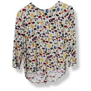 H&M Top Busy Abstract Print Eclectic High Low Cropped Sleeves Size 4 Button Back